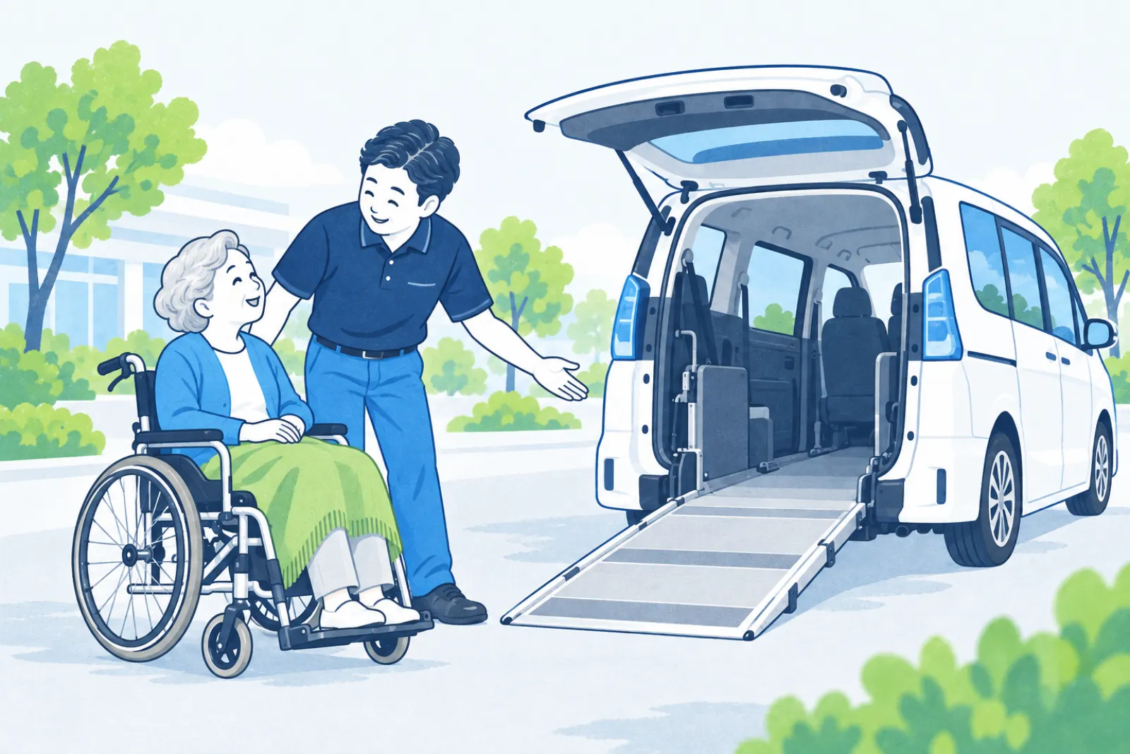 車いすの利用者に声をかけ、スロープ付きの車へ案内する運転手のイラスト
